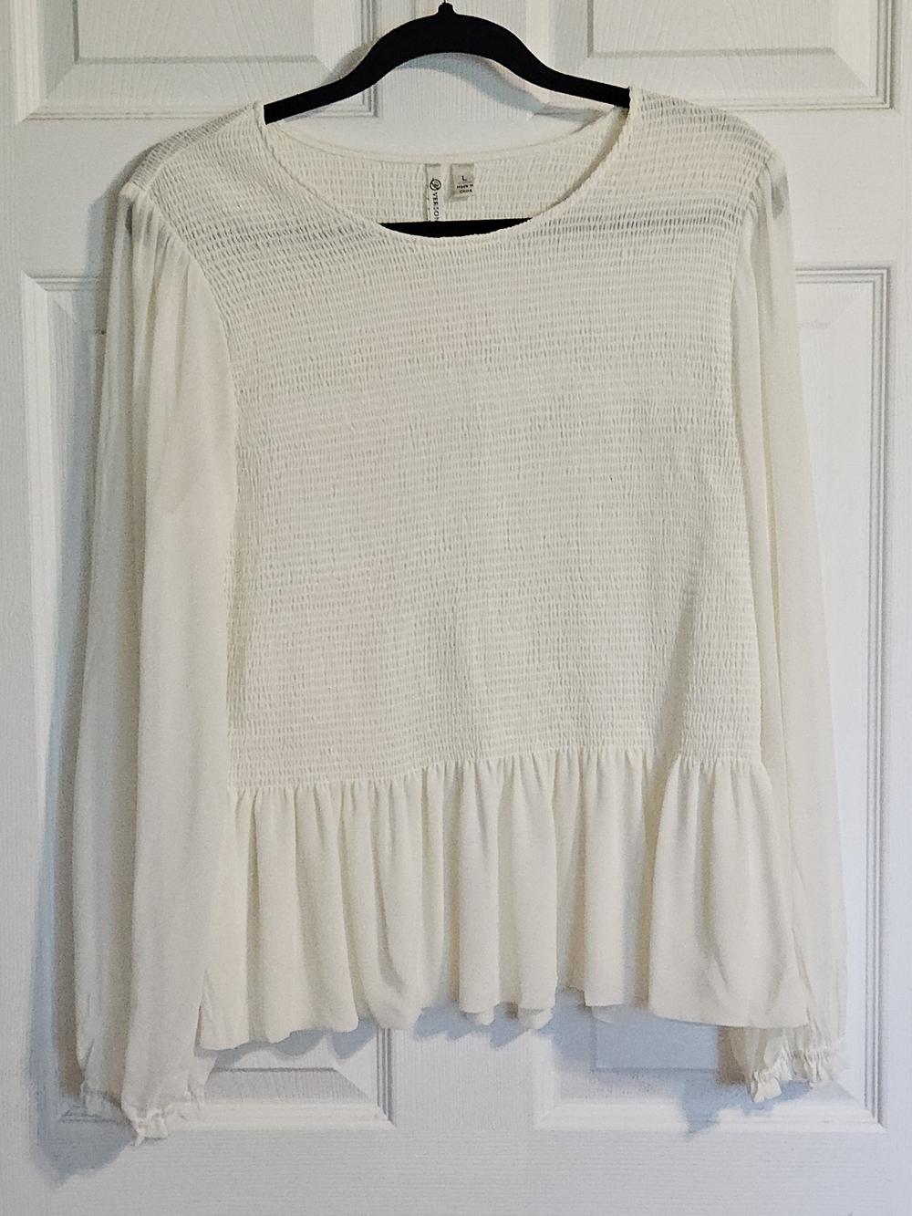 Versona Cream Smocked Peplum Long Sleeve Blouse